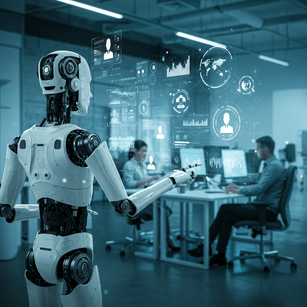 Futuristic office scene with AI robots and human employees collaborating in recruitment, digital interfaces and data analytics screens in the background representing AI agents replacing human employees in hiring processes