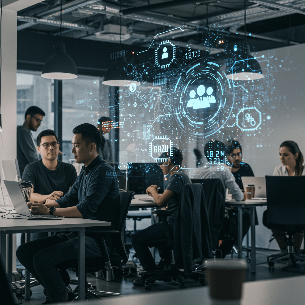 Diverse tech professionals collaborating in a modern office with AI and futuristic technology icons representing AI-driven recruitment and resilient tech teams in the UK startup ecosystem