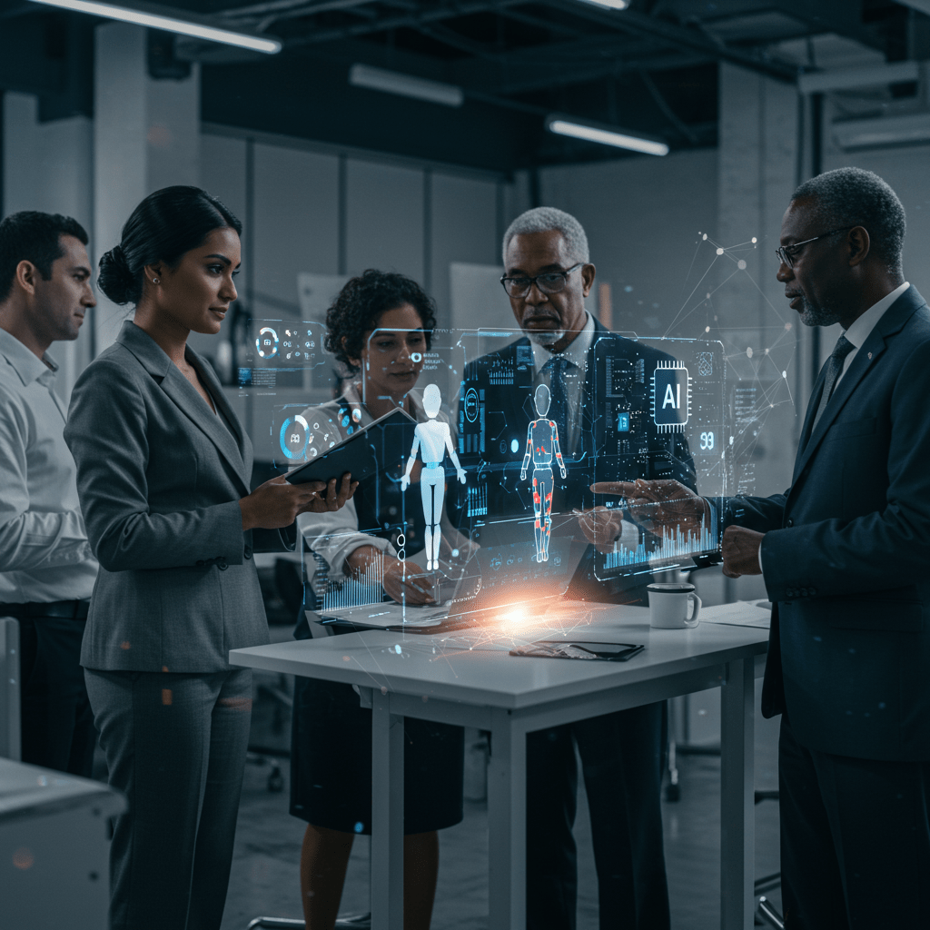 Diverse international business professionals collaborating with AI technology and digital global network connections in a modern office environment