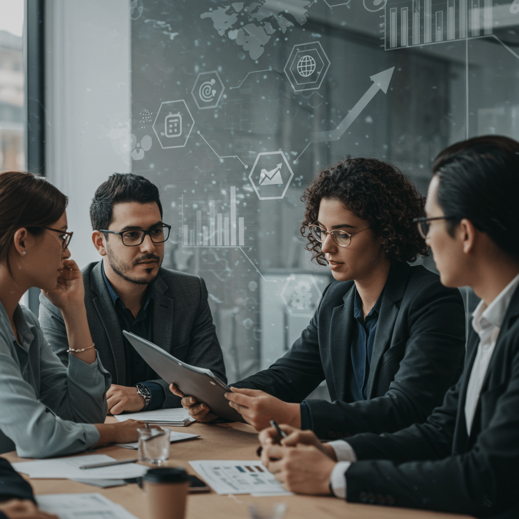 Diverse startup team and fractional CTO discussing technology strategy with digital icons and growth charts in a professional business setting