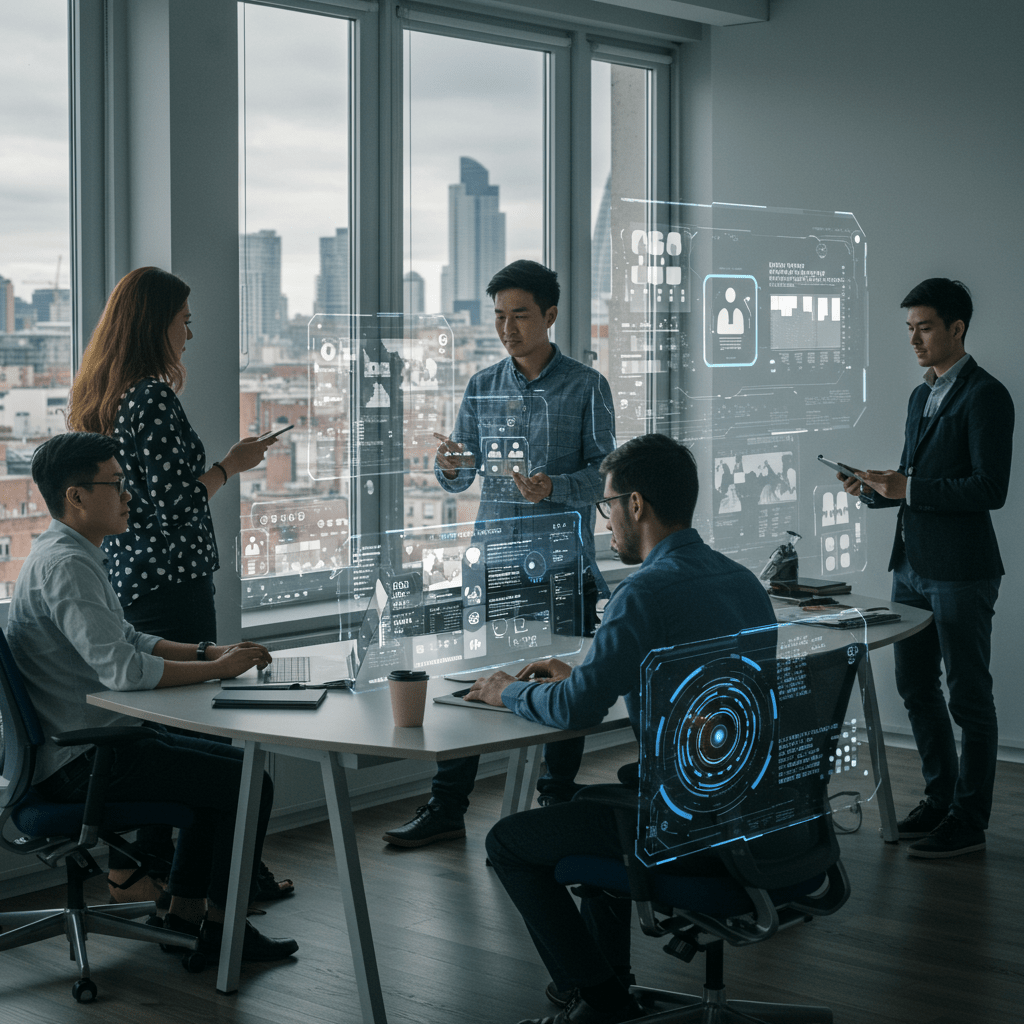 Diverse professionals collaborating with futuristic AI recruitment technology in a modern office with a UK cityscape background