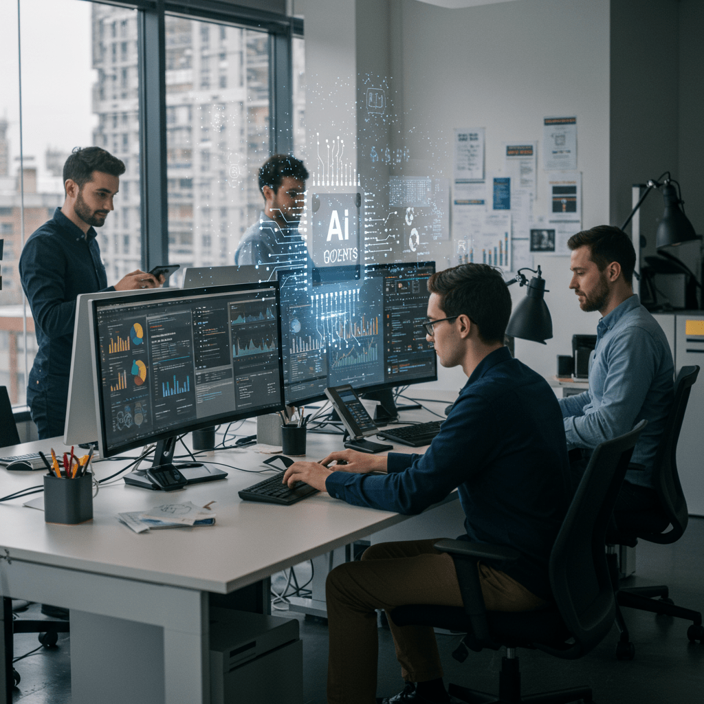 Diverse professionals in a modern UK office using AI technology to enhance business efficiency in SMEs with a London skyline in the background