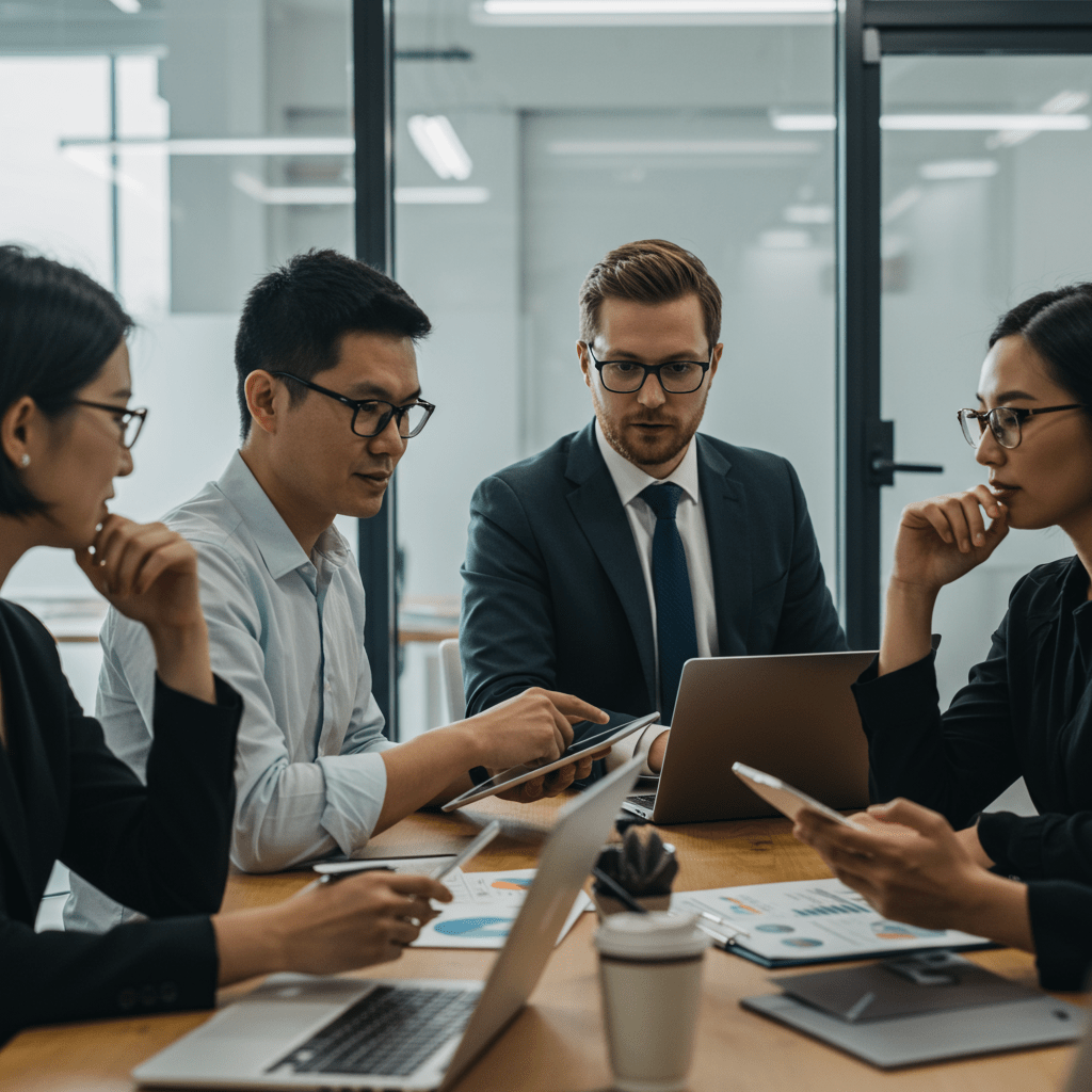 Diverse startup team collaborating with a fractional CTO over technology strategy in a modern office environment