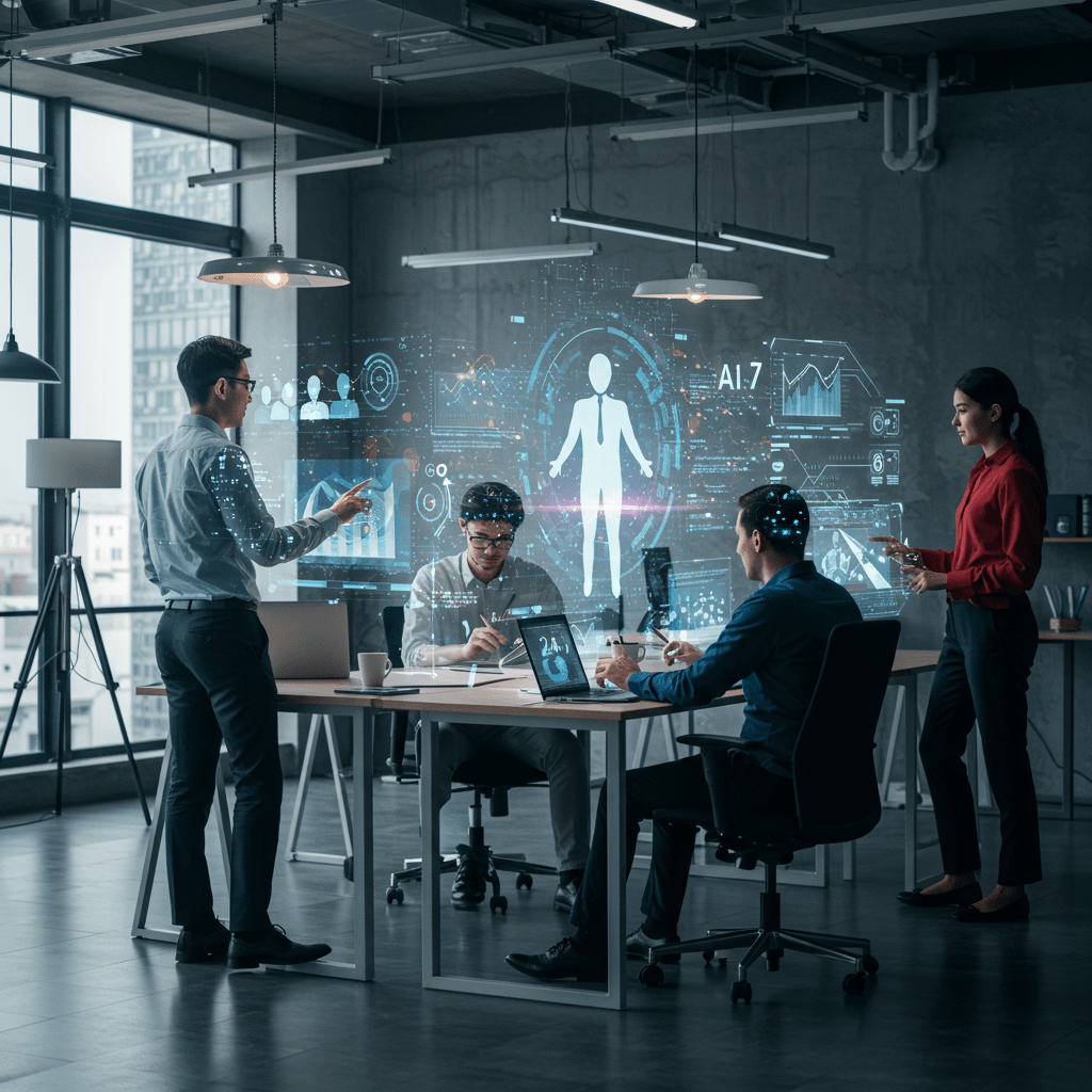 Futuristic office with AI agents and human recruiters collaborating using holographic interfaces and digital data streams representing 24x7 AI recruitment automation