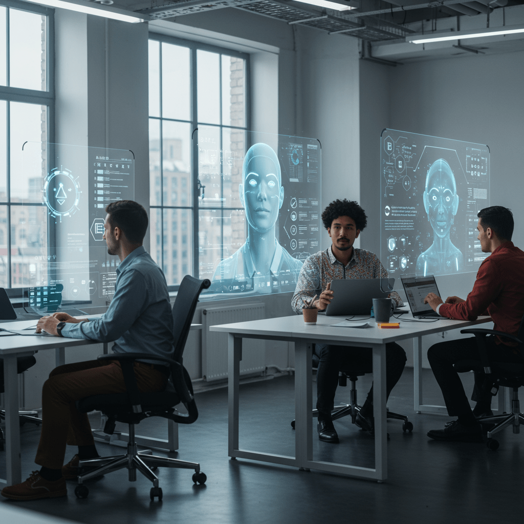A futuristic office environment with diverse UK startup professionals collaborating with AI-powered digital assistants on transparent screens, symbolising intelligent CTO services and innovation in technology leadership.
