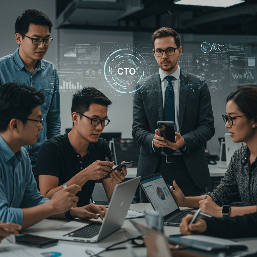 Diverse group of startup founders and a CTO advisor collaborating in a modern office with technology devices, symbolising innovation and tech leadership in a UK startup environment