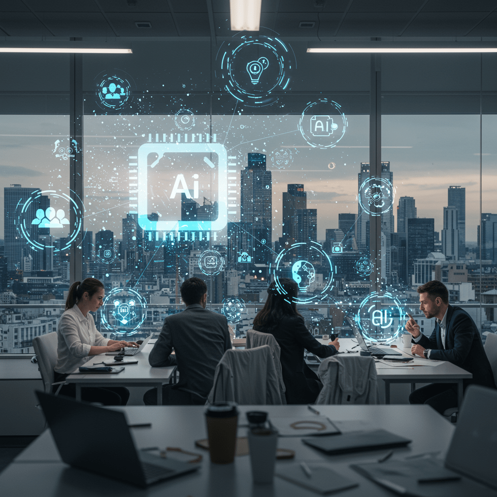 Futuristic UK cityscape with digital AI agent icons and diverse professionals interacting with AI technology symbolising innovation and tech leadership in startups and SMEs