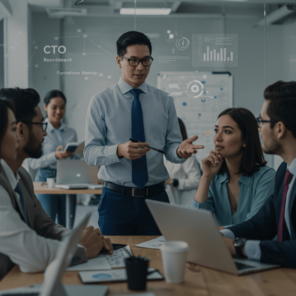 A diverse group of professionals collaborating in a modern office, focusing on technology leadership and strategy for UK startups.