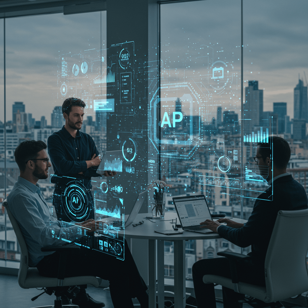 Diverse professionals collaborating with AI technology interfaces and digital data analytics in a modern office with a UK cityscape background, representing AI-driven tech recruitment and CTO advisory integration