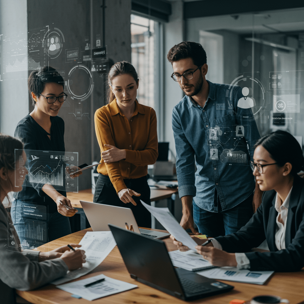Diverse professionals collaborating in a modern office with AI technology elements, symbolising AI-driven recruitment and fractional CTO services for UK startups