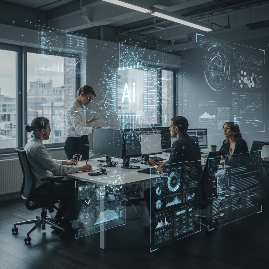 Diverse professionals collaborating in a modern office with futuristic AI technology elements symbolising AI integration in fractional CTO services for UK startups