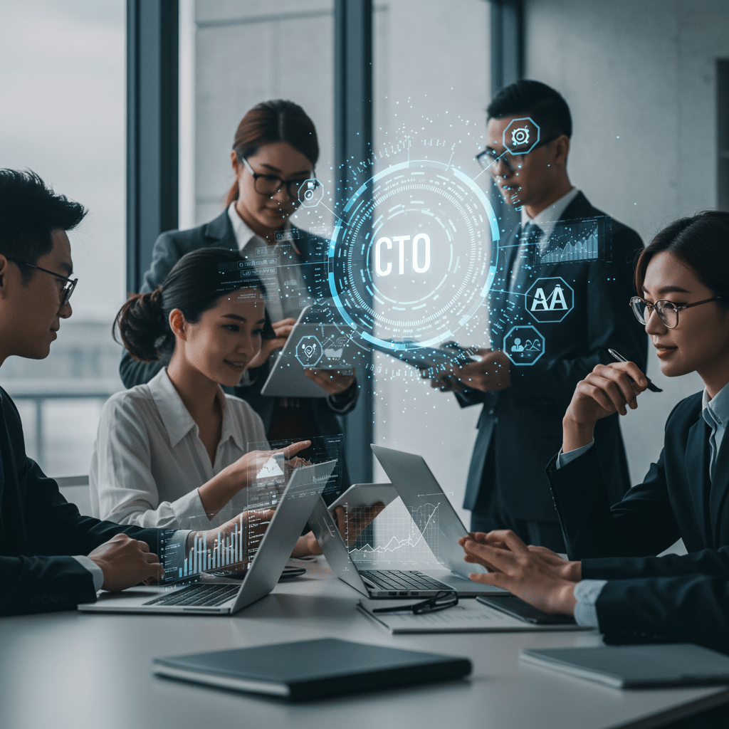 Diverse business professionals collaborating in a modern office with digital technology and AI elements symbolising outsourcing and fractional CTO leadership for scalable growth