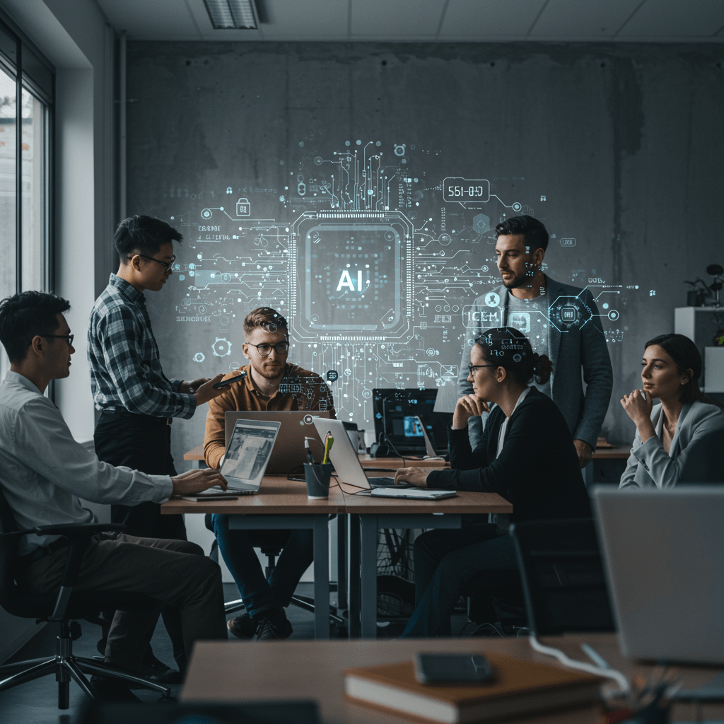 Diverse professionals collaborating in a modern office with digital AI and technology elements, representing resilient tech teams and CTO advisory in UK startups and SMEs