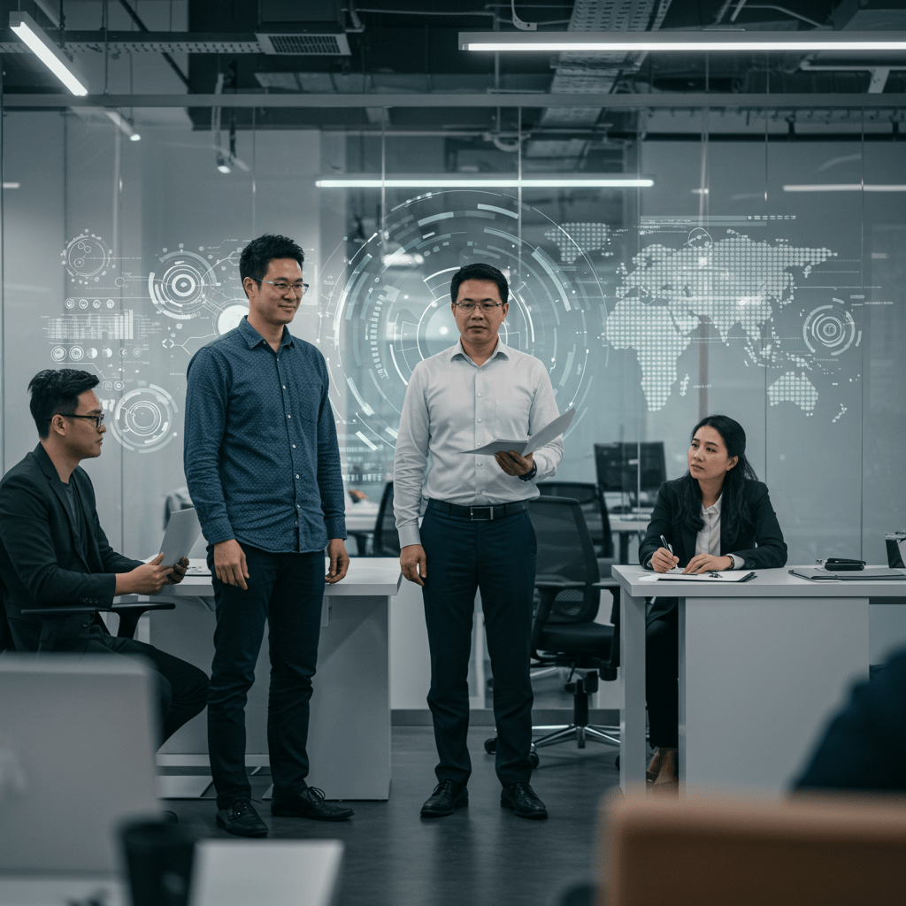 Diverse tech leaders collaborating in a modern UK office, symbolising fractional CTO services and scalable tech leadership