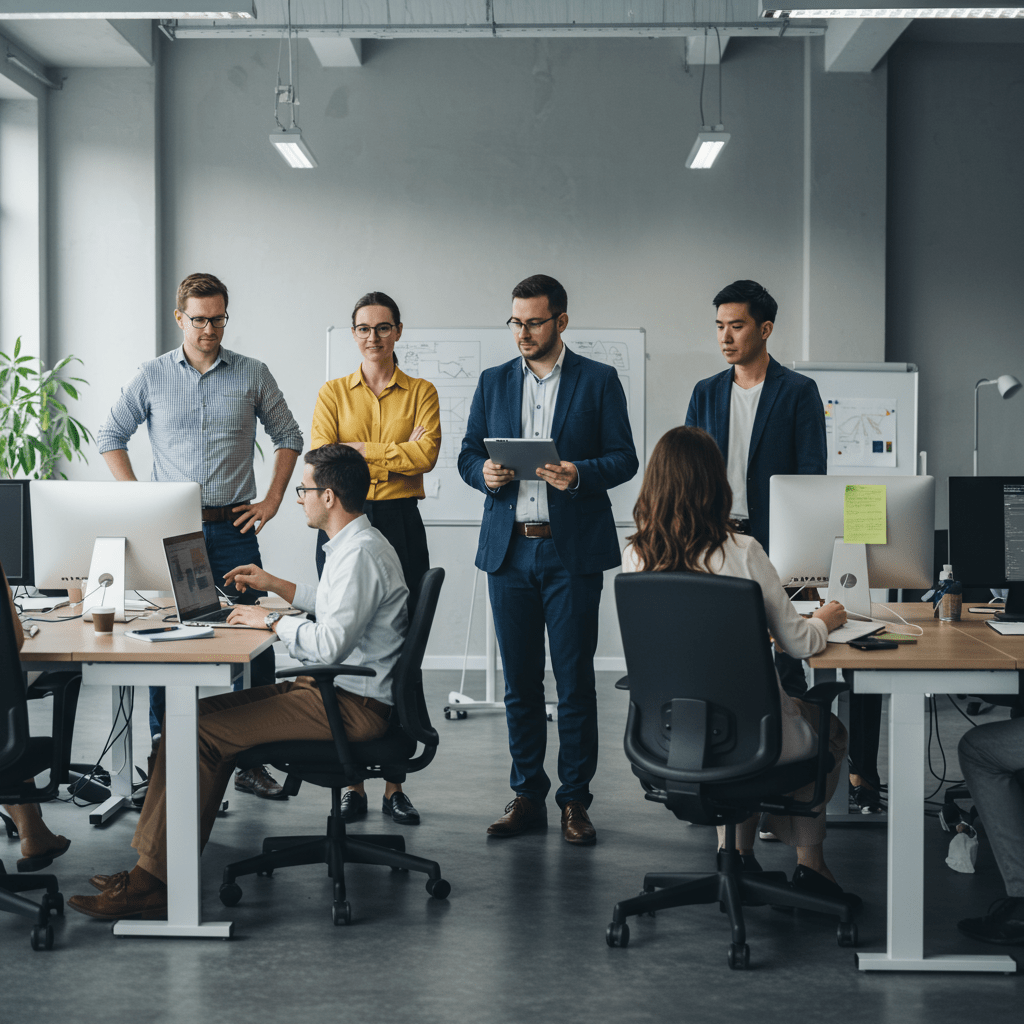 A diverse group of professionals collaborating in a modern office environment, focusing on technology and leadership, representing fractional CTO recruitment and building future-proof tech teams for UK startups and SMEs.