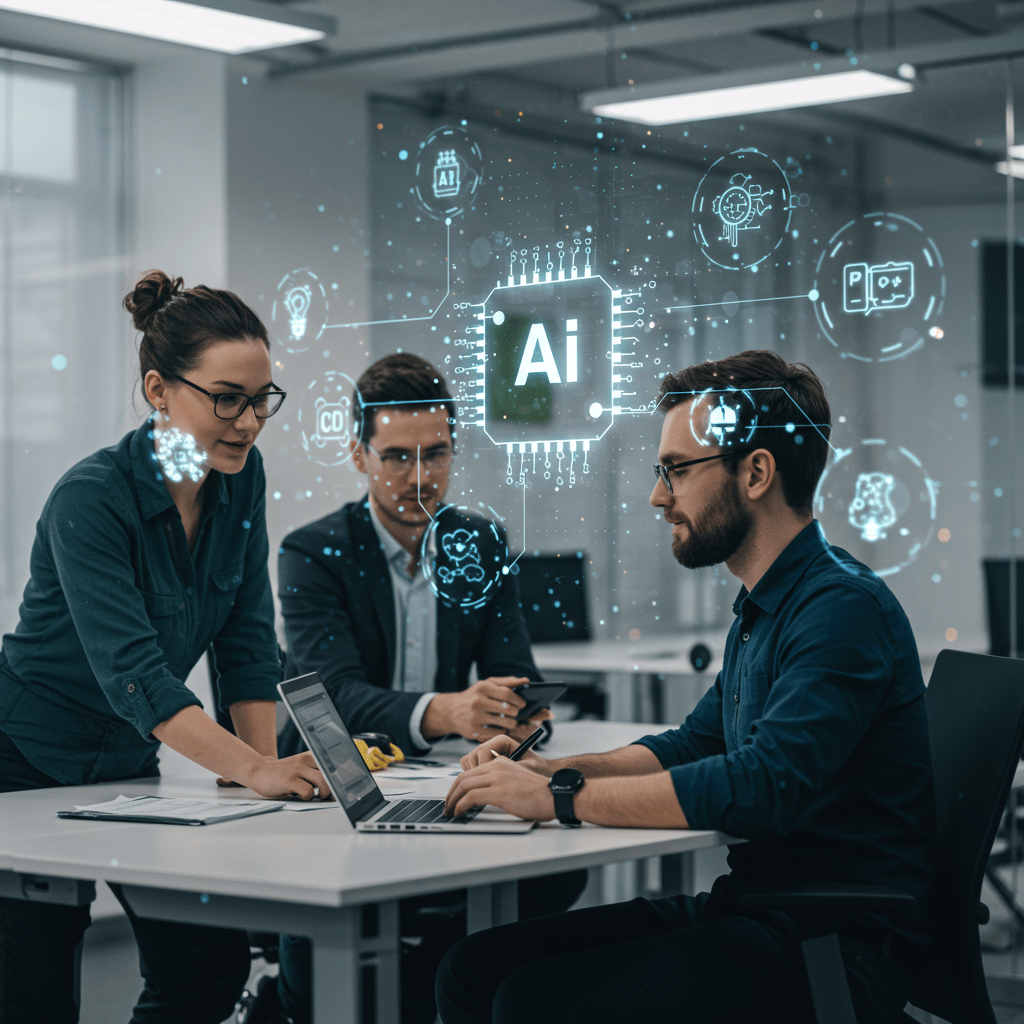 Diverse team collaborating in a modern office with digital AI and technology icons symbolising AI integration and CTO advisory for scalable tech teams in the UK