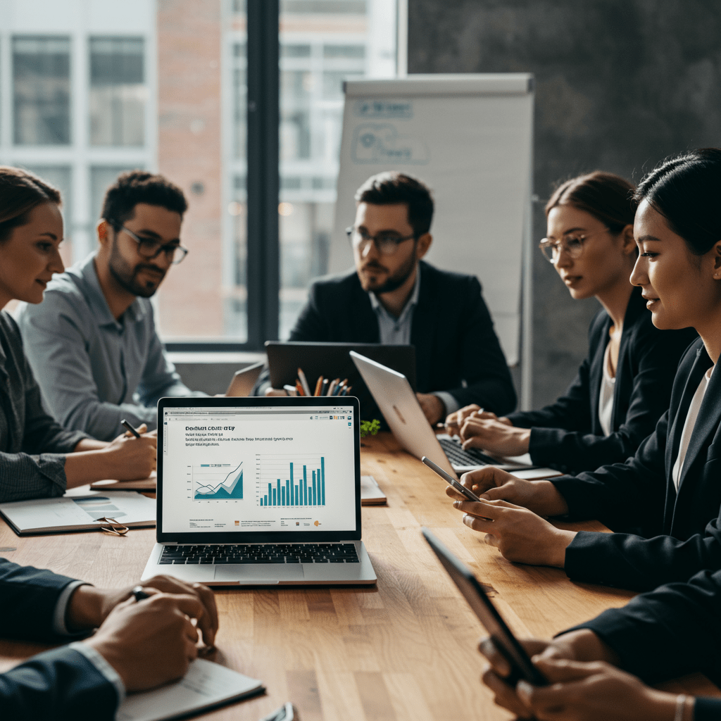 A diverse group of professionals in a modern business meeting discussing technology strategy with laptops and digital devices, symbolising fractional CTO services and tech leadership for UK startups and SMEs.