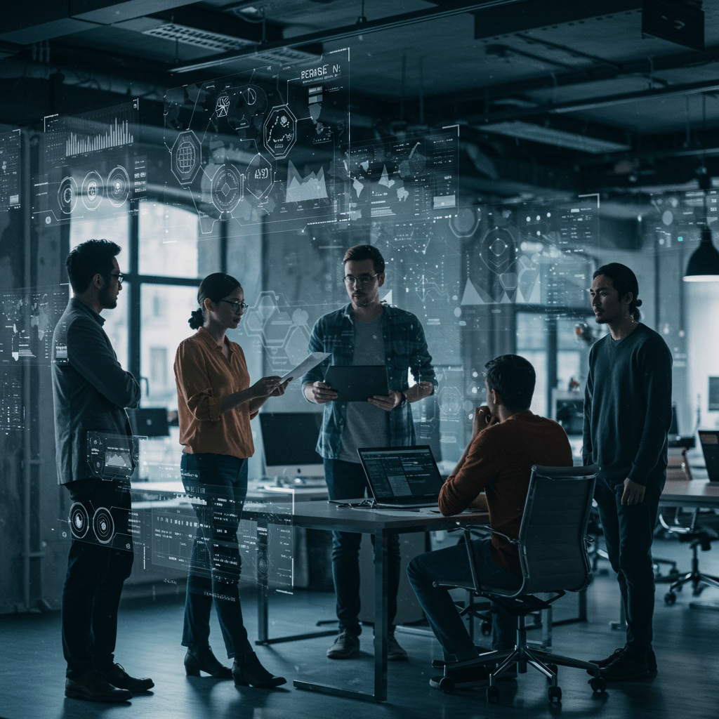 A diverse group of tech professionals collaborating in a modern office environment with digital screens displaying data and technology icons, representing crisis management and leadership in a tech team.