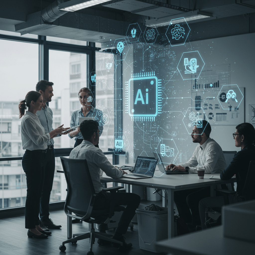 Diverse professionals collaborating in a modern office with digital AI and technology icons, representing AI-driven tech recruitment and CTO advisory services in the UK