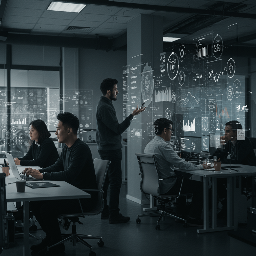 A diverse group of tech professionals collaborating in a modern office environment with digital screens showing data and technology icons, symbolising resilience and crisis readiness in tech teams for UK startups and SMEs.