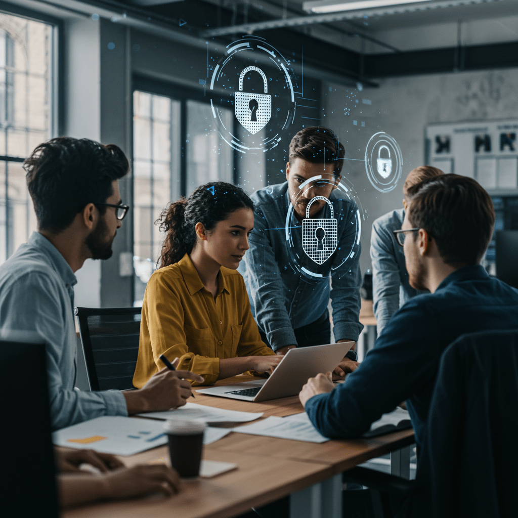 A diverse group of UK startup professionals collaborating in a modern office environment, symbolising tech crisis management and leadership