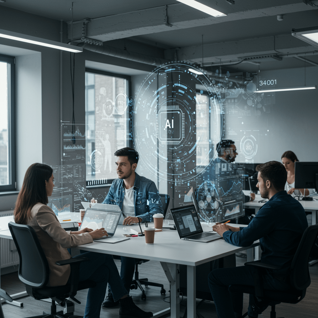 Diverse team collaborating with AI technology in a modern office, symbolising CTO-led outsourcing and AI-driven tech solutions