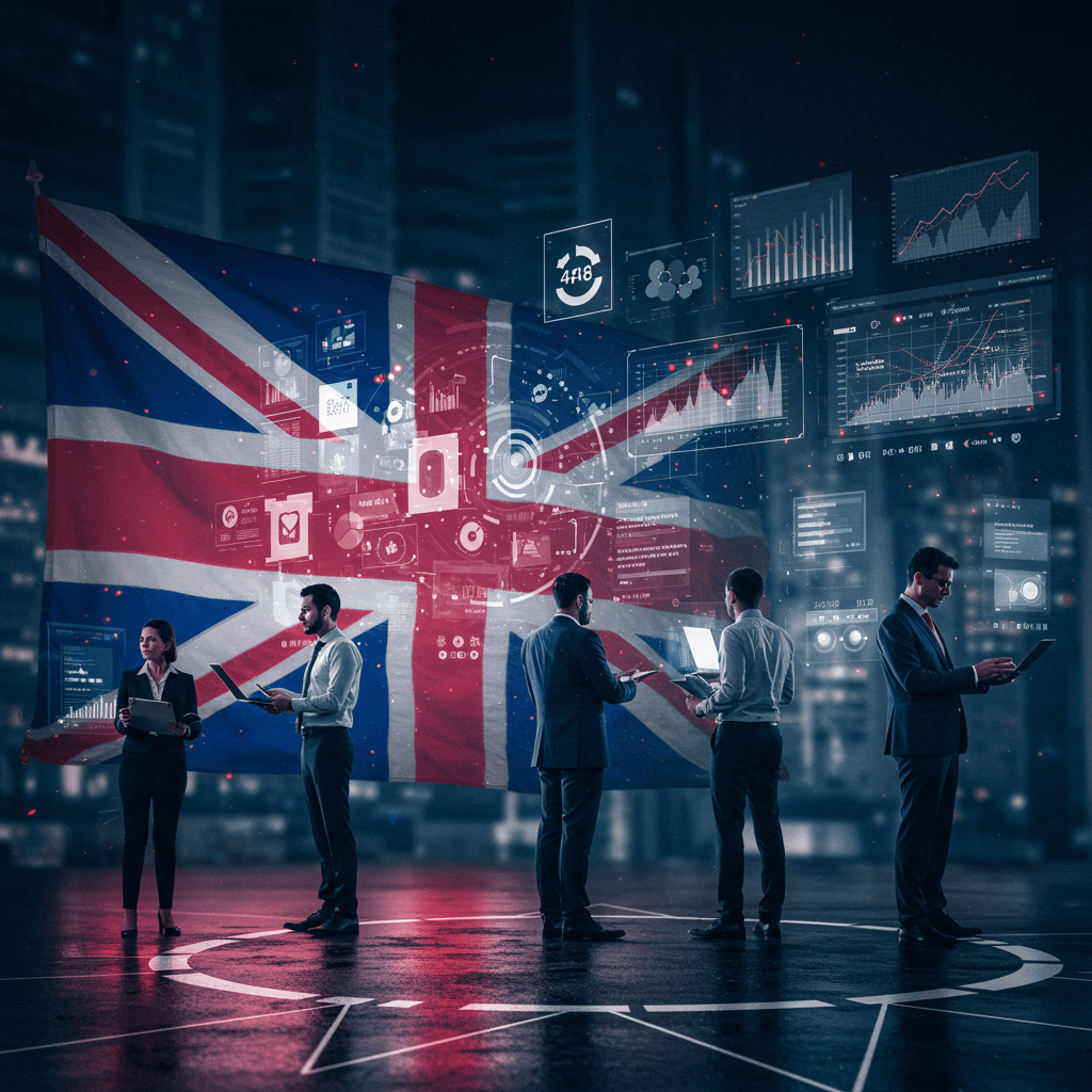 Diverse business professionals collaborating with futuristic technology interfaces symbolising industry-specific CTO services for UK startups across FinTech, HealthTech, E-commerce, and SaaS sectors.