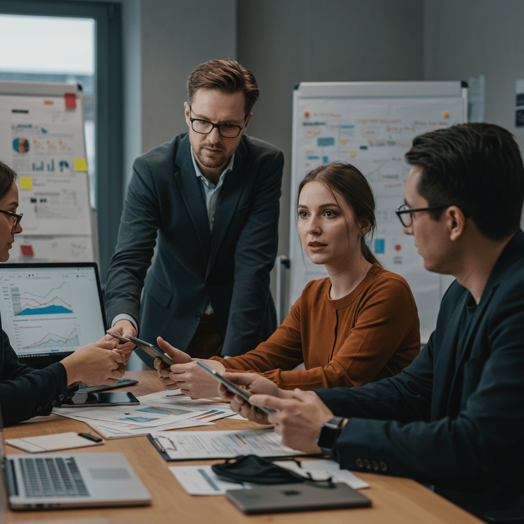 Diverse tech leaders and startup founders collaborating in a modern office on technology recovery plans, symbolising leadership and crisis management in UK startups