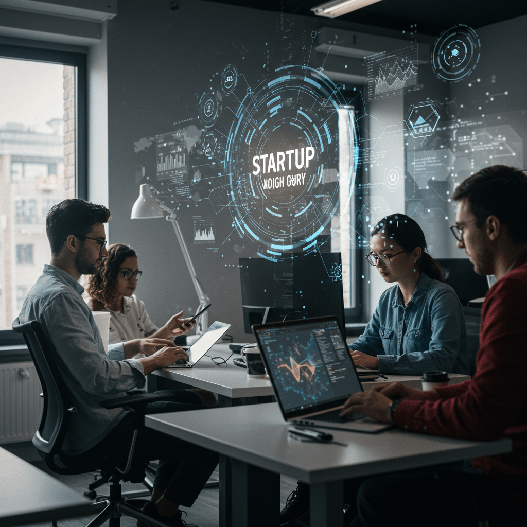 Diverse startup team collaborating in a modern office with digital technology devices symbolising digital transformation and tech leadership in the UK startup ecosystem