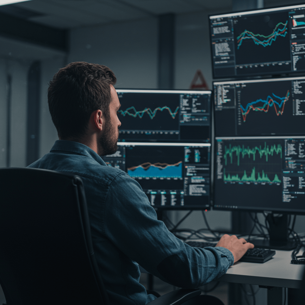 A professional UK startup CTO in a modern office environment, monitoring system and cybersecurity data on multiple screens, symbolising technology crisis management and recovery leadership