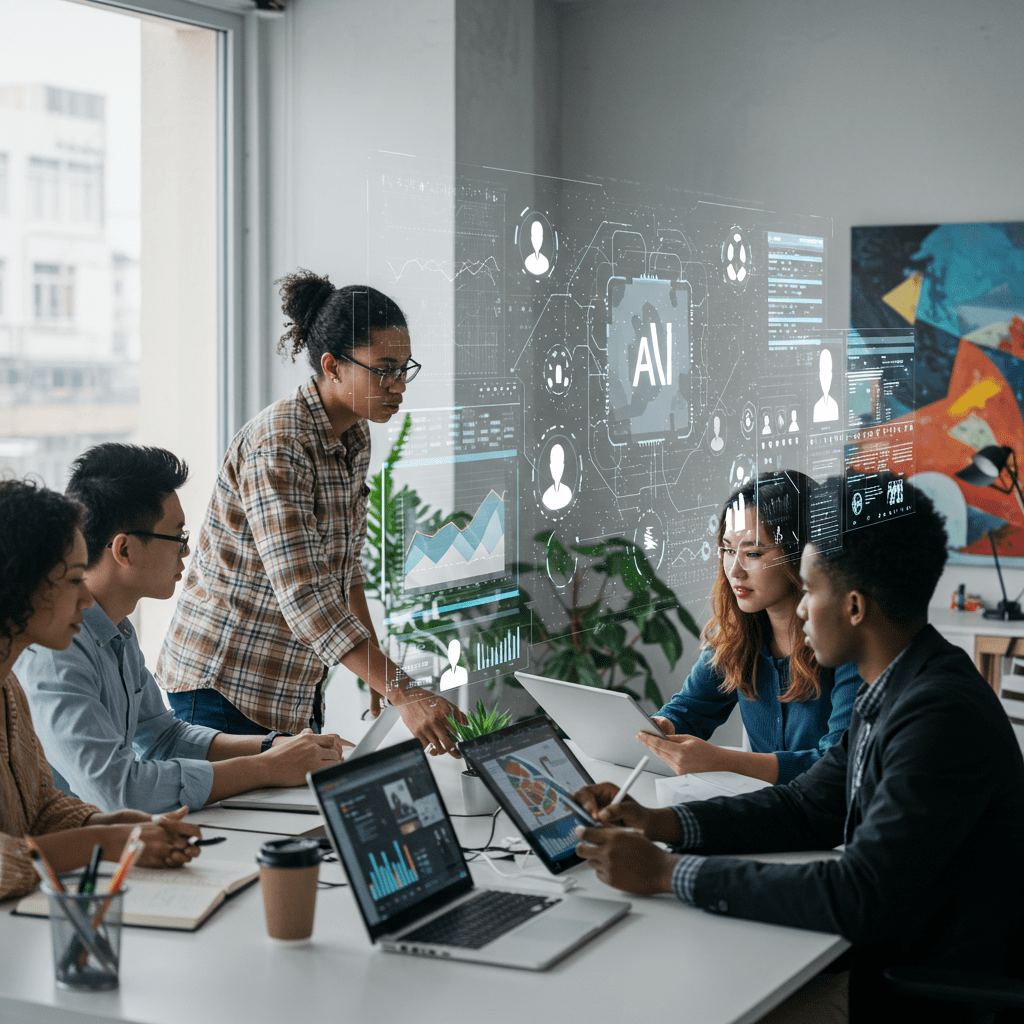 Diverse startup team collaborating in a modern office using AI-driven tech recruitment tools on laptops and digital interfaces