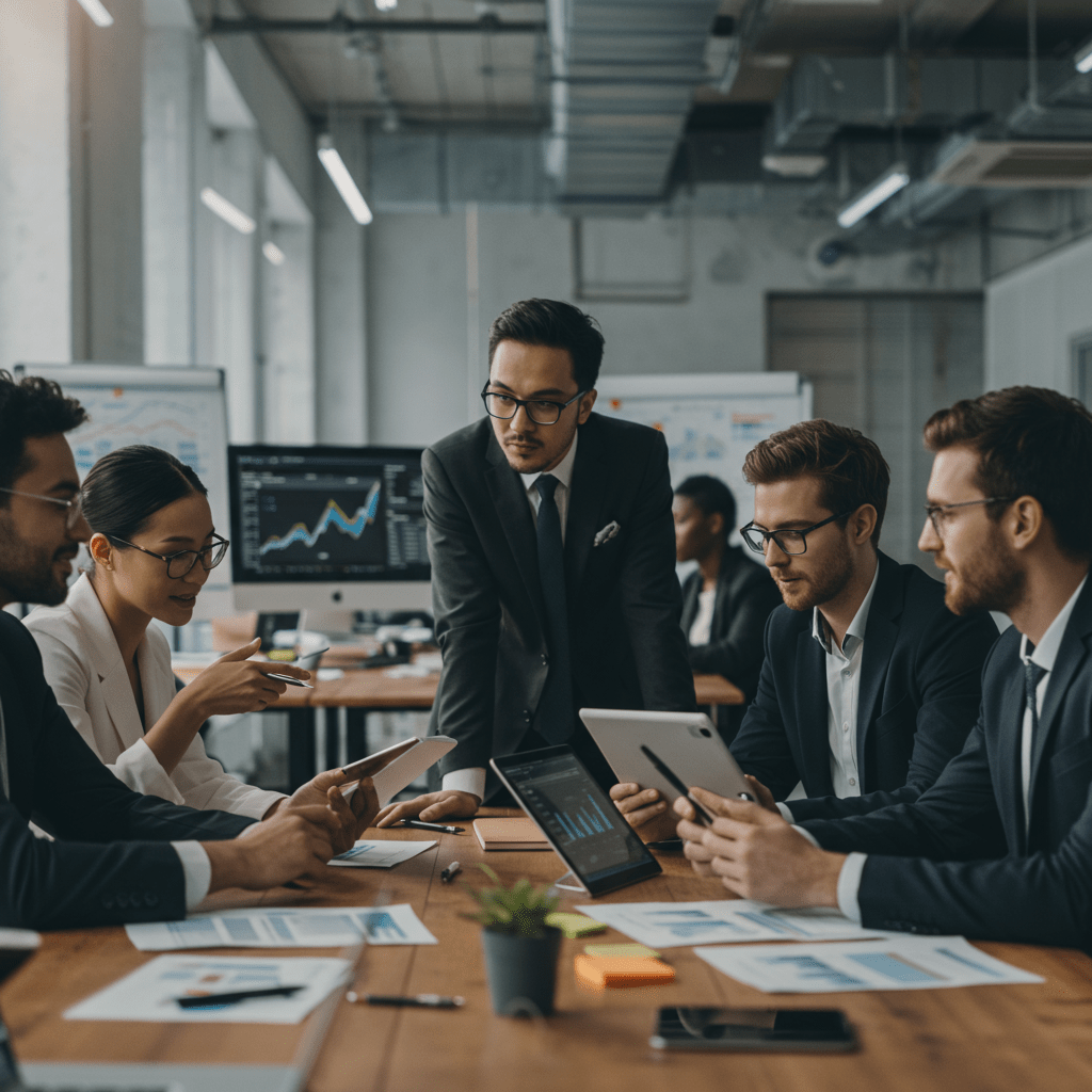 Diverse business team in modern office discussing technology strategy with digital devices and charts in the background representing fractional CTO services for startups and SMEs in the UK
