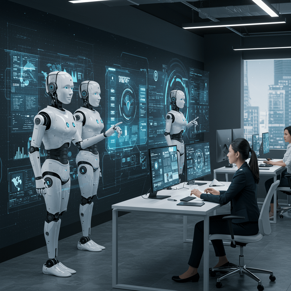 Futuristic customer support centre with AI agents interacting with customers through digital screens and holograms in a modern office environment