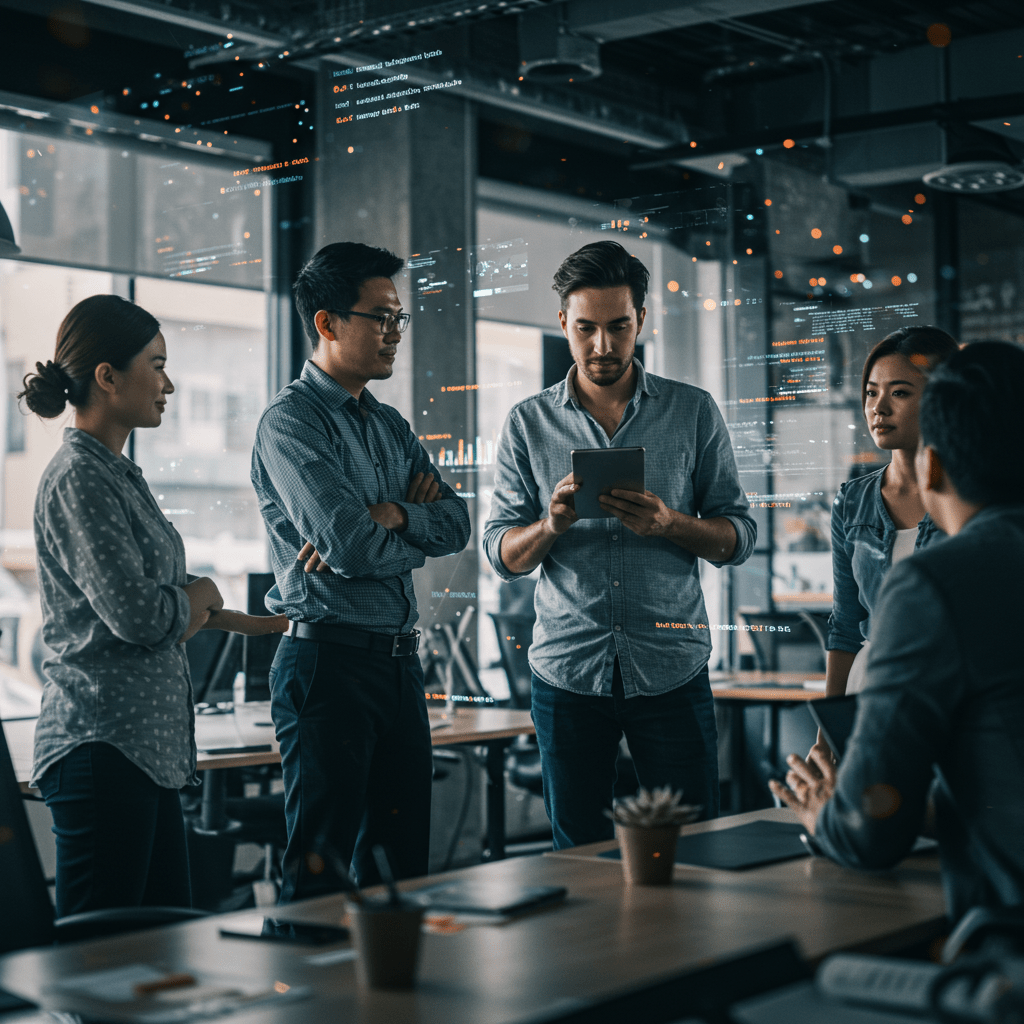 Diverse tech professionals collaborating in a modern office with digital technology elements symbolising leadership and scalable tech growth