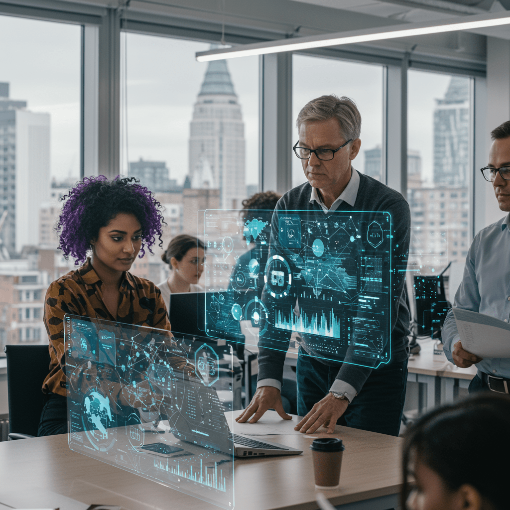 A diverse group of UK tech professionals collaborating in a modern office environment with digital AI elements and futuristic data visualisations symbolising AI-driven crisis management and technology resilience
