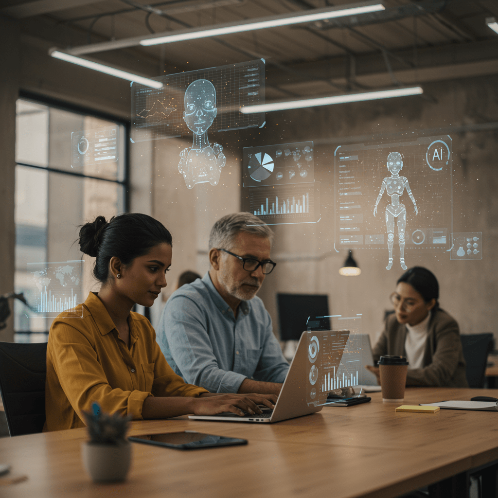 Modern office with diverse employees interacting with AI digital interfaces symbolising task automation and productivity enhancement