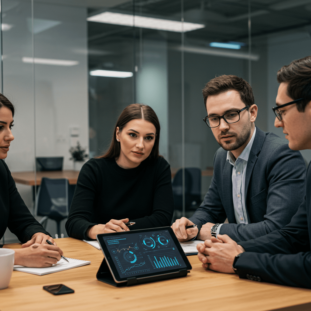 Diverse UK startup and SME leaders discussing technology strategy in a modern office setting with digital tech graphs on a tablet, representing fractional, interim, and advisory CTO roles.