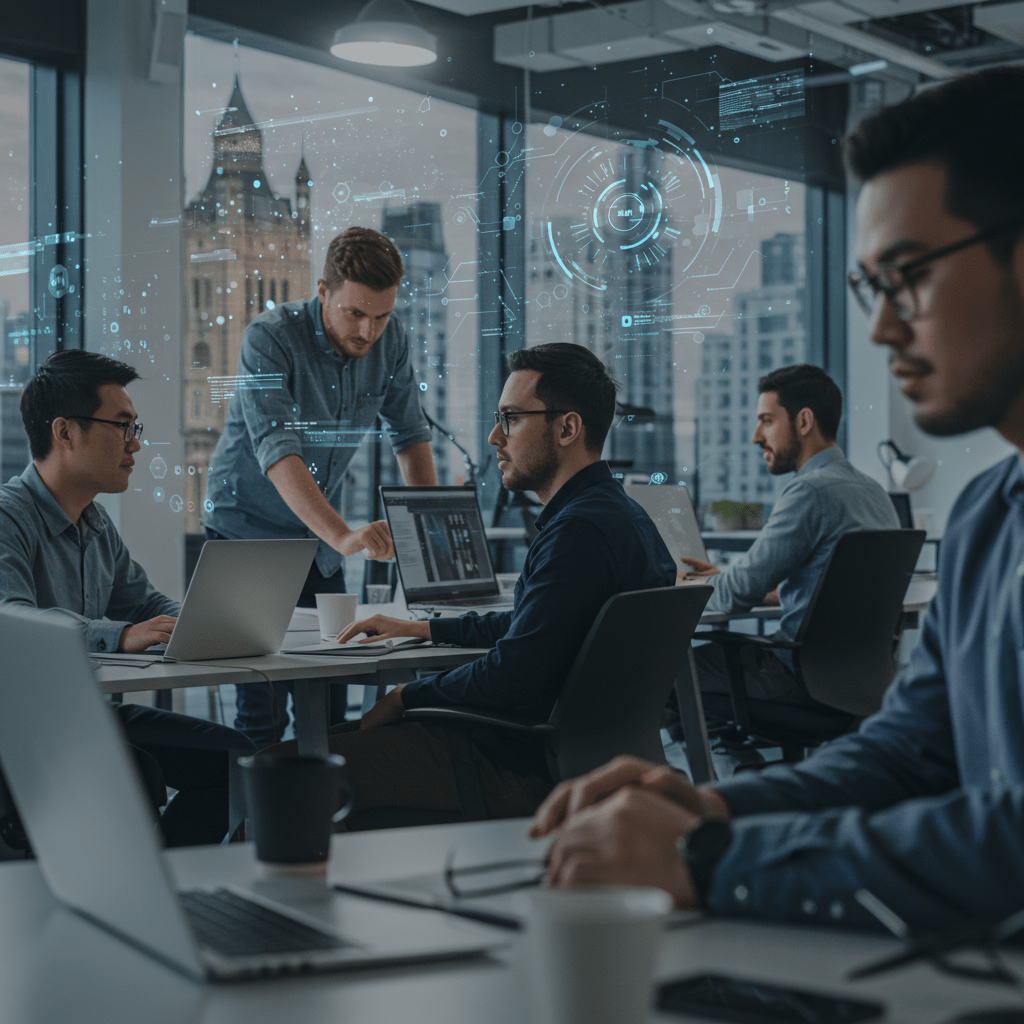 Diverse tech professionals collaborating in a modern office with UK landmarks in the background, symbolising tech leadership and team scaling in UK startups