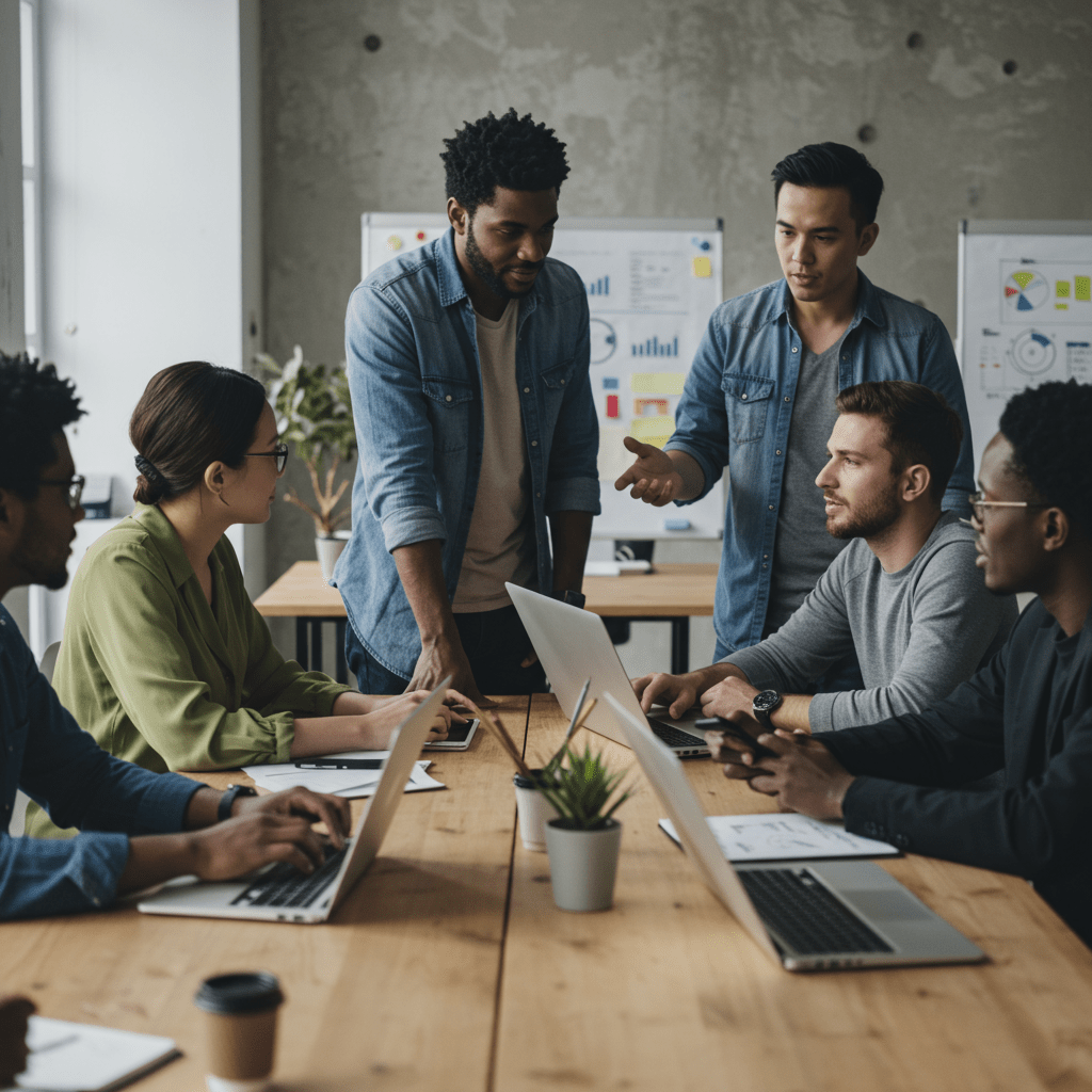 Diverse group of professionals collaborating in a modern office, representing tech team building and strategic leadership in a startup environment