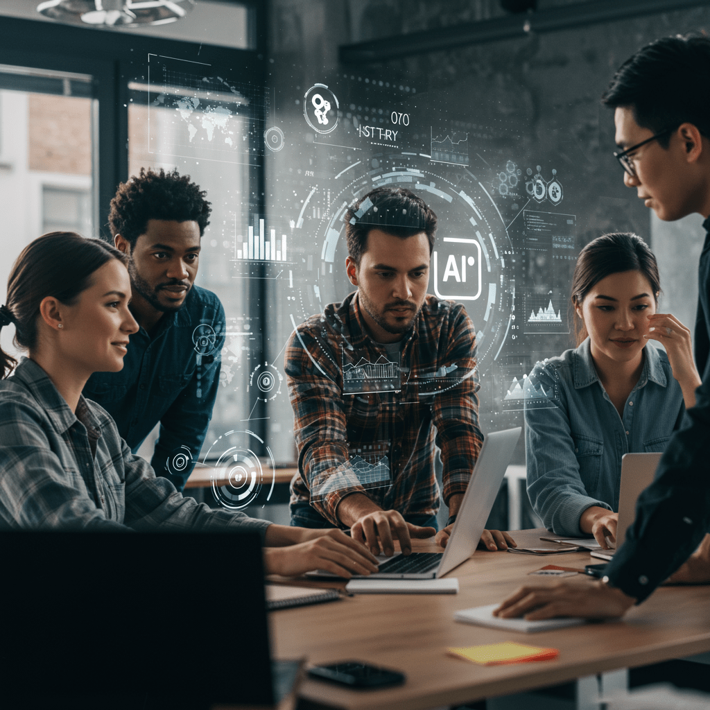 Diverse professionals collaborating in a modern office with digital AI recruitment technology elements, symbolising UK startups and CTO leadership in tech recruitment