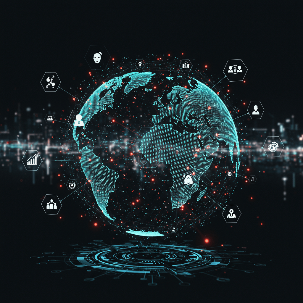 Futuristic digital globe with interconnected AI agents and technology symbols representing global digital innovation and automation