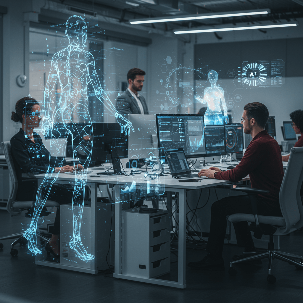 A futuristic office environment in the UK with diverse professionals collaborating alongside advanced AI agents represented as holograms and digital interfaces, symbolising the integration of AI in the future of work.