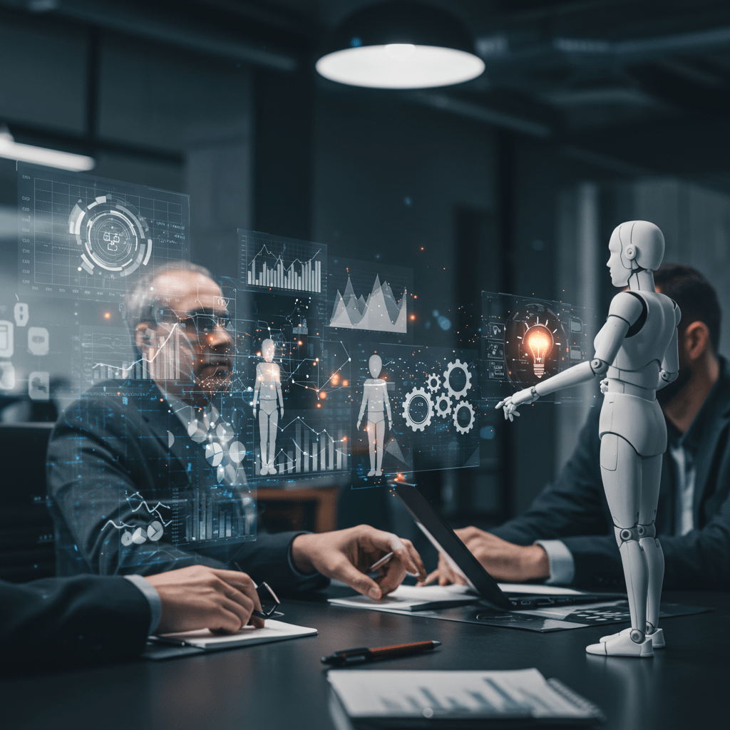 Futuristic business environment with AI agents interacting with data streams and business icons symbolising innovation and automation in startups and SMEs