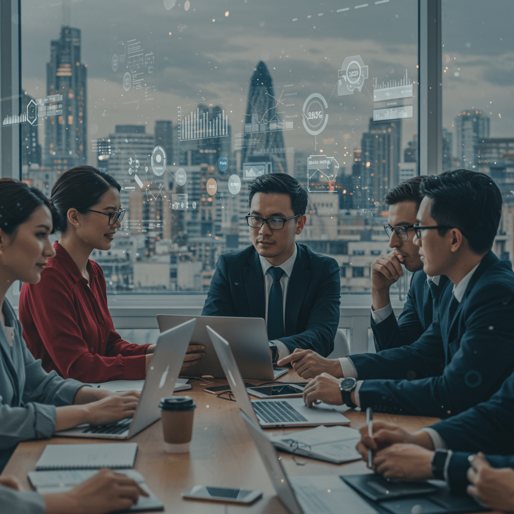 Diverse UK startup and SME professionals collaborating with a fractional CTO in a modern business setting with technology and cityscape background representing innovation and growth