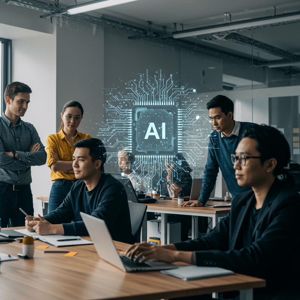 A diverse group of tech professionals collaborating in a modern office environment with AI technology elements subtly integrated, symbolising the fusion of AI and fractional CTO leadership in building resilient and scalable tech teams for startups and SMEs in the UK.