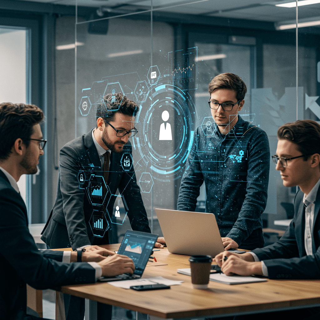 Diverse professionals collaborating in a modern office with digital tech and recruitment visuals, symbolising fractional CTO support for UK startups.