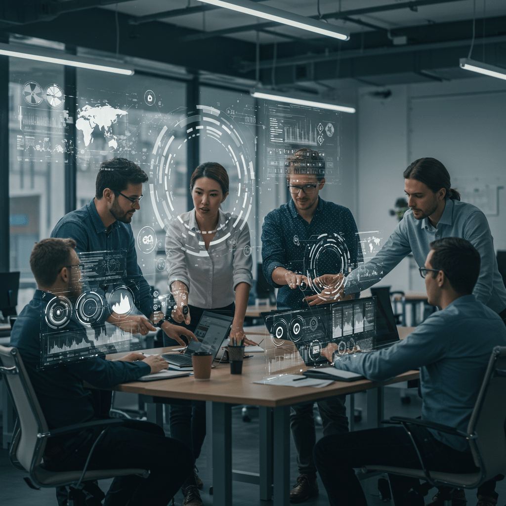 Diverse professionals collaborating in a modern office with digital technology and futuristic interface elements symbolising digital transformation and technology leadership in startups