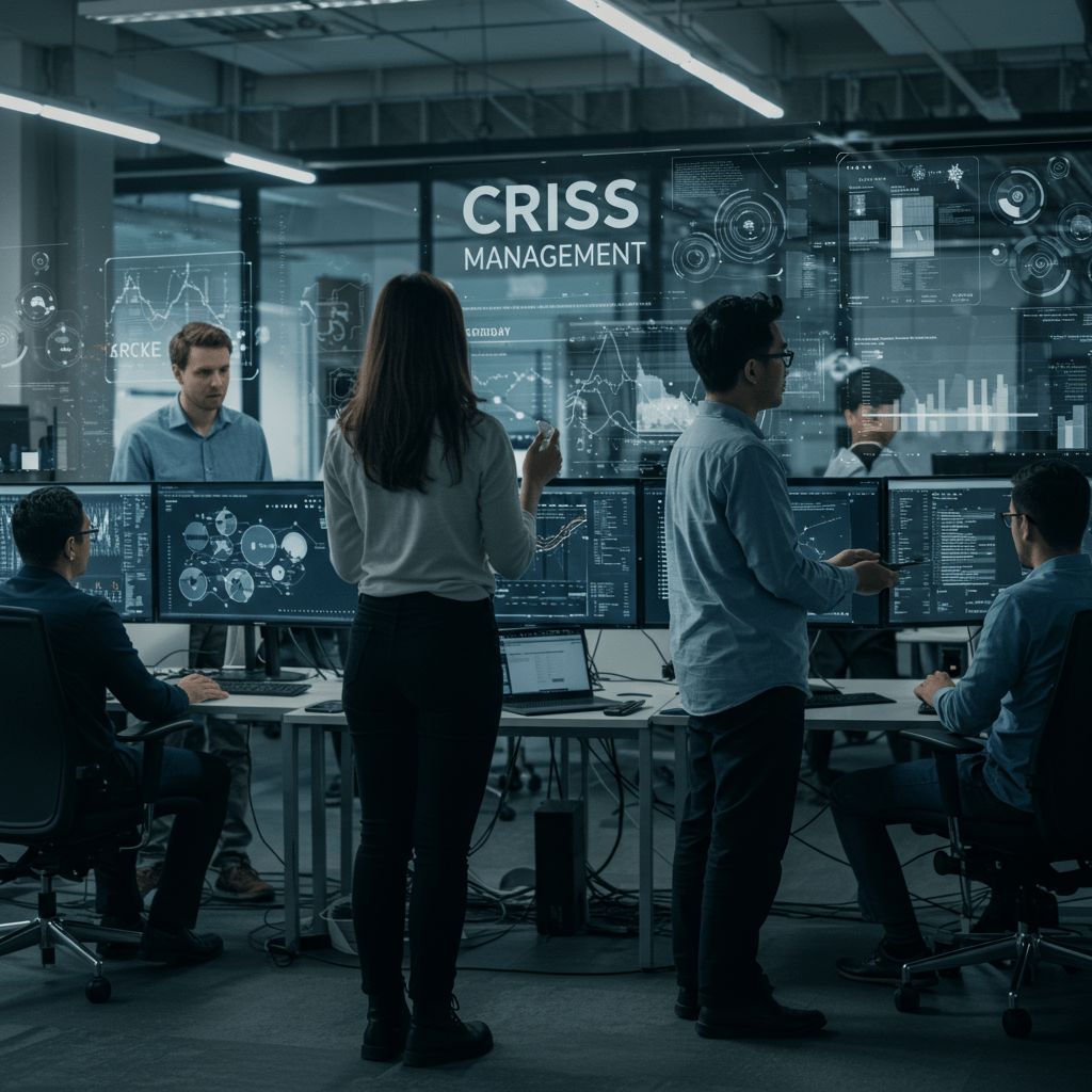 Diverse tech professionals collaborating in a modern office with digital screens showing data and crisis management visuals, symbolising resilient tech teams in crisis situations in the UK