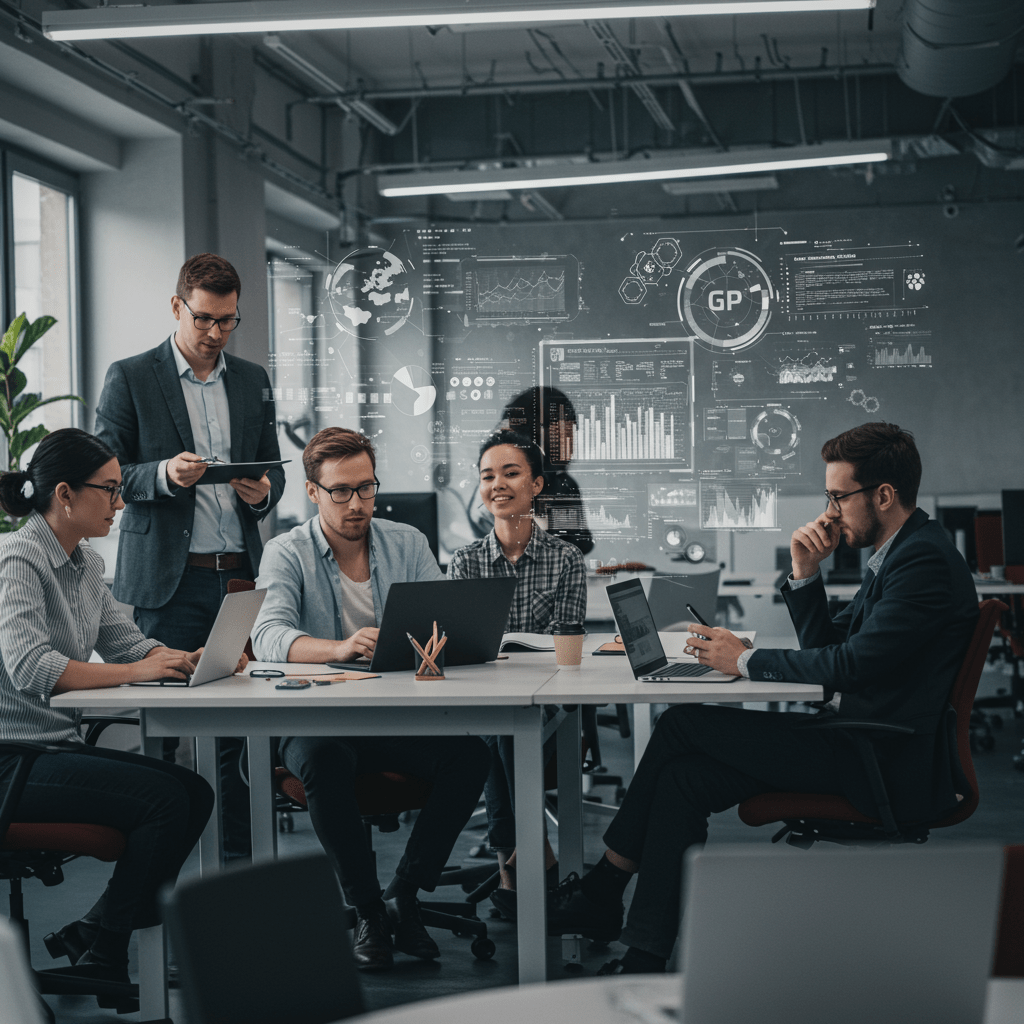 Diverse professionals collaborating in a modern office with AI-driven recruitment and technology elements for UK startups