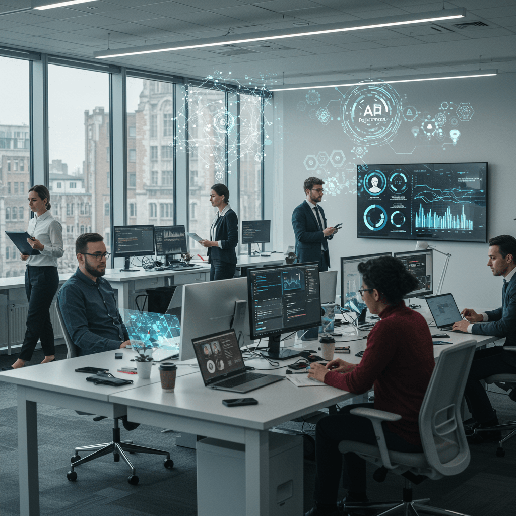 Diverse tech professionals collaborating in a modern UK office environment with elements representing AI and digital innovation in recruitment